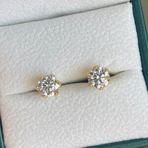 2CTW Gold Vermeil Moissanite Stud Earrings, Round Cut 6 Prongs, Gift for Her